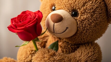 Cute teddy bear smiling and holding a red rose symbolizing love and friendship in a soft warm lighting