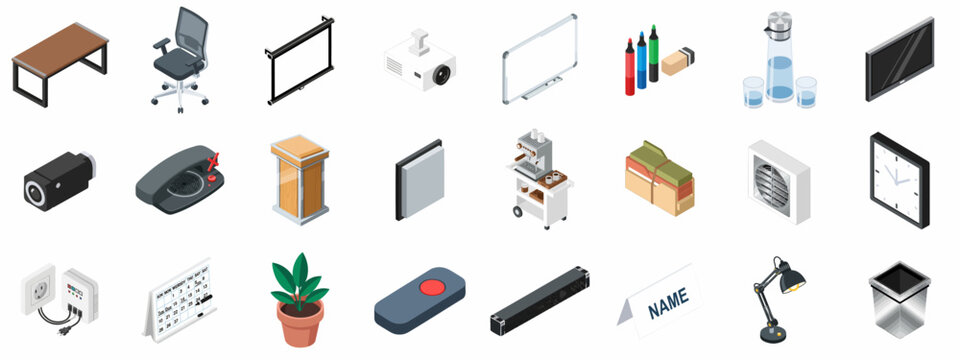 Isometric Set of Office and Conference Room Equipment, Furniture, and Supplies for Business, Presentation, and Workplace Needs.