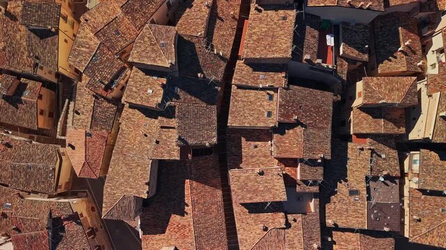 Top down aerial view of orange roofs in Anversa degli Abruzzi