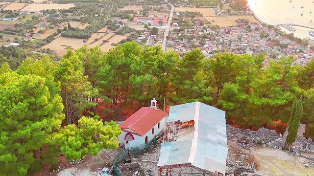 Aerial drone view of the Acropolis of Ancient Sami, Kefalonia, Greece