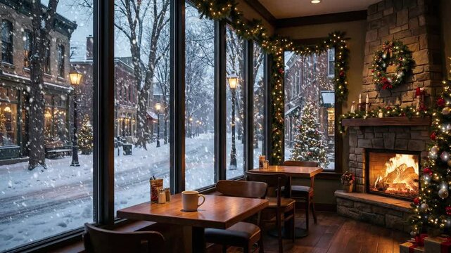 Warm light glows from the fireplace, while snow falls outside the window. Winter cafe vibe. Looped footage