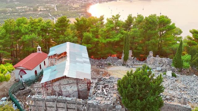 Aerial drone view of the Acropolis of Ancient Sami, Kefalonia, Gr...