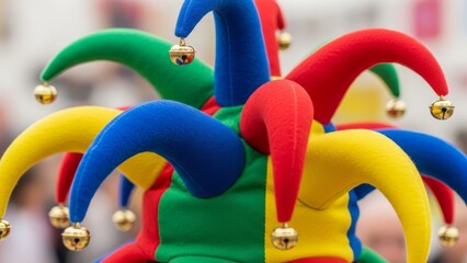 Colorful jester's hat with multiple pointed sections and golden bells on display