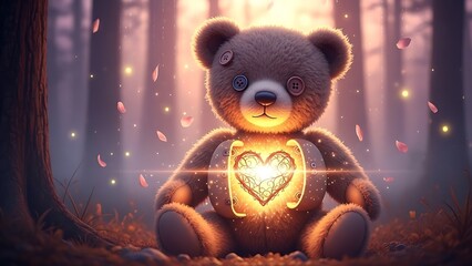 Teddy bear with glowing heart in forest symbolizing love and warmth cute brown bear with shining heart light in woods