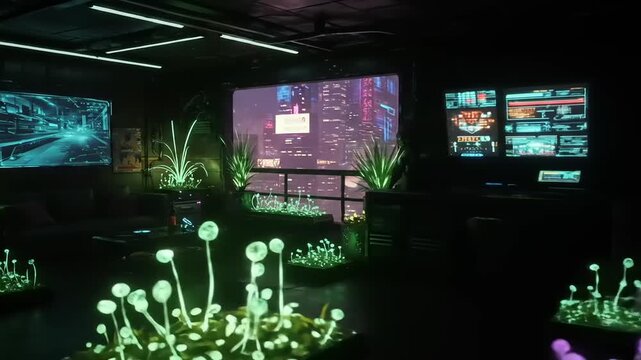 Futuristic Interior Design with Glowing Plants and Cityscape View in a Cyberpunk Setting