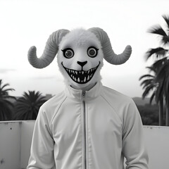 Person wearing a white ram mask and tracksuit on a rooftop
