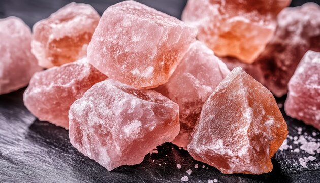A close-up image shows a pile of pinkish-orange crystals, possibly salt or sugar, on a dark gray or black surface - professional stock photography with high resolution detail featuring premium quality