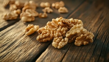 A close-up shot captures a pile of freshly harvested walnuts resting on a dark brown wooden surface - professional stock photography with high resolution detail featuring premium quality -