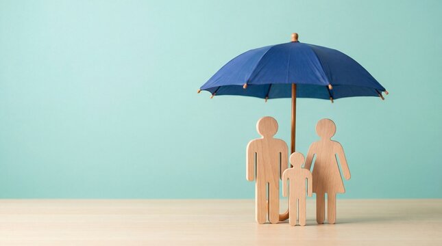Conceptual image representing family protection, insurance, safety, and financial security. A symbolic family stands together under a protective umbrella, illustrating life and  insurance.