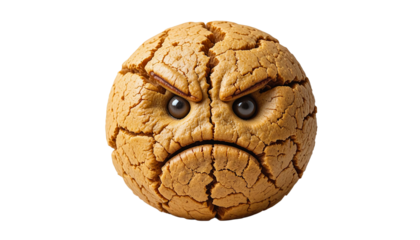 A Crumbly, Cracked Cookie With a Furious Face, Expressing Anger and Displeasure on a White Background