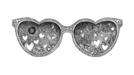 heart shaped sunglasses with intricate love pattern doodle art fashion accessory illustration isolated on white background
