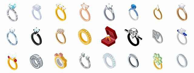 Luxury Jewelry Ring Collection Isometric Icons: Set of Diamond Engagement Rings, Wedding Bands, and Precious Gem Accessories.
