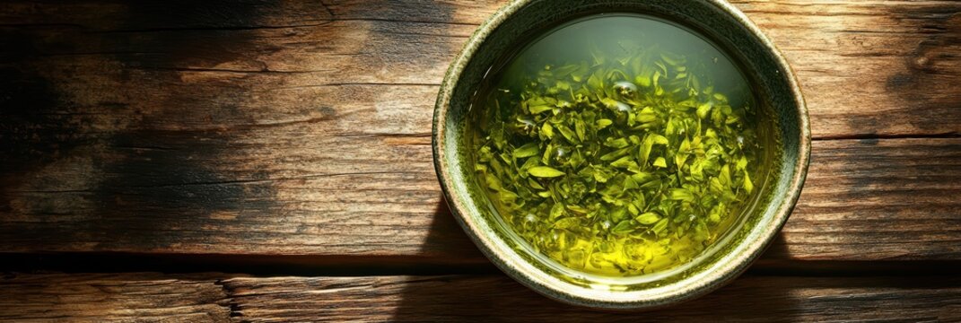The image features a small, oval-shaped bowl filled with vibrant green liquid, placed centrally on a rustic wooden surface - professional stock photography with high resolution detail - stock content