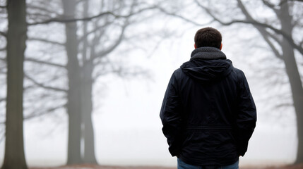 Silhouette of a person standing still in a misty winter forest, looking at the gray horizon, wearing layers and a scarf, meditative pause, moody atmospheric lighting, sharp focus o