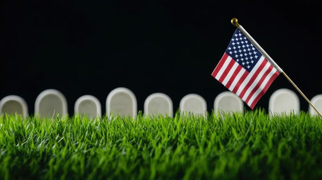 Footage A small American flag sits atop a lush green field, perfect for patriotic or outdoor-themed uses