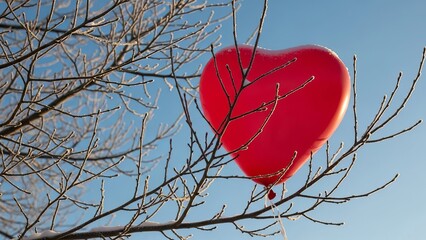 A red heart-shaped balloon caught in bare tree branches against a clear blue sky viewed from below