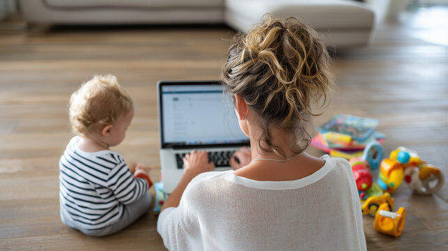 Faceless shot from behind: a person following a workout on a laptop placed on a stack of books, a toddler playing with toys nearby, multitasking millennial parent, unpolished livin