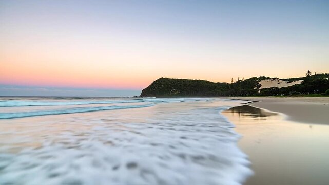 A picturesque beach scene at dawn or dusk, with soft waves, a reflecting shore, and a distant headland
