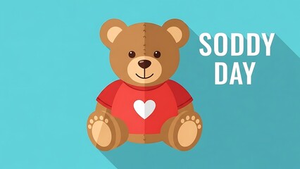Fototapeta premium Cute brown teddy bear in red shirt with white heart on turquoise background with 'soddy day' text