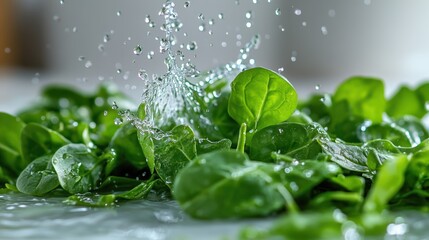 Close-up shot of vibrant green leafy vegetables, possibly spinach, splashing with water and droplets, creating a dynamic and refreshing scene - professional stock photography featuring premium quality