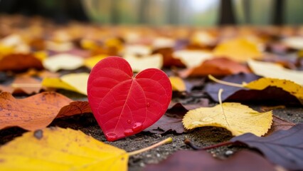 A red heart-shaped leaf lying among fallen autumn leaves on a forest floor, captured from a low angle, showcasing the vibrant colors of the season