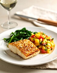 A plated meal of pan-seared white fish, alongside mango salsa, and vibrant green vegetables. A glass of wine is visible