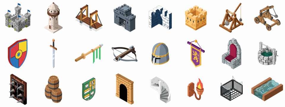 Isometric Medieval Castle and Warfare Icon Set: Includes Fortifications, Weapons, Siege Engines, Armor, and Historical Elements on White Background.