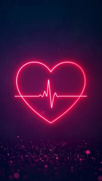 Glowing red heart shape with a heartbeat rhythm line on a dark blue background, digital illustration in vertical format and pink dots