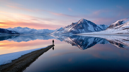 Reflection in a calm lake: inverted image of a majestic mountain range at sunrise, a tiny figure standing at the shore, serene amazement, pastel sky colors, sharp focus on the refl