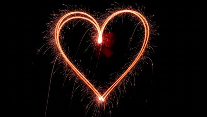 A vibrant heart shape created with sparklers on a dark background viewed from a straight-on perspective