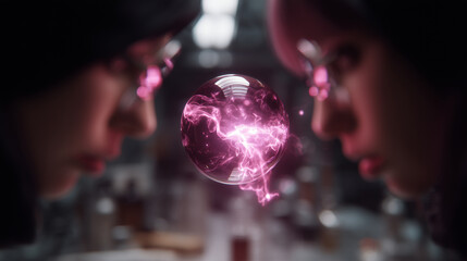 Close-up of two blurred heads leaning in towards a glowing, levitating orb (futuristic technology), future tech wonder, dark laboratory setting, soft pulsing light, sharp focus on
