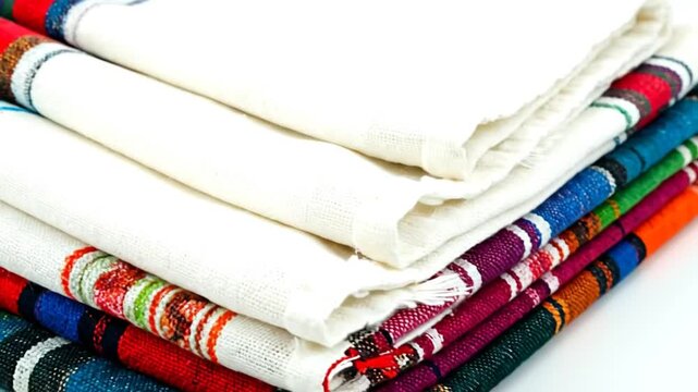 Stack of folded fabric textiles in white and colorful patterned stripes, close-up shot
