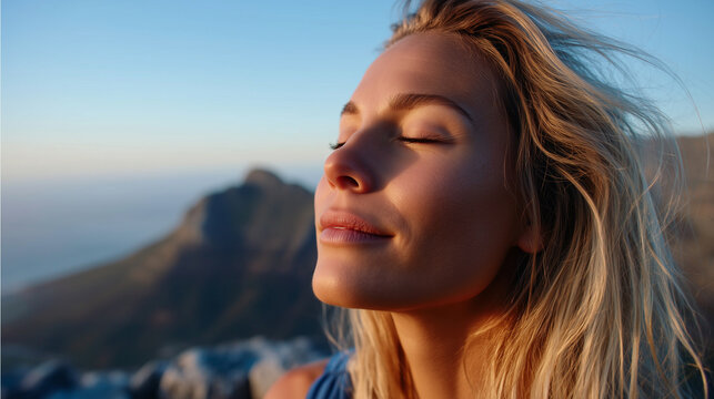 Close-up of a traveler's face catching the first rays of sun at a mountaintop, eyes closed but a look of intense wonder and peace, majestic nature amazement, golden hour lighting,