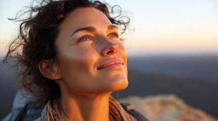 Close-up of a traveler's face catching the first rays of sun at a mountaintop, eyes closed but a look of intense wonder and peace, majestic nature amazement, golden hour lighting,