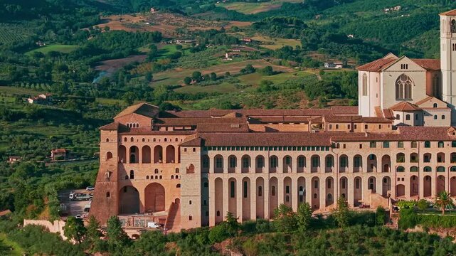 Aerial view of historic Assisi and Basilica of Saint Francis
