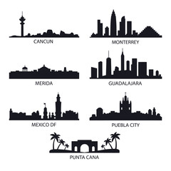 Silhouette skylines of major mexican cities and punta cana resort