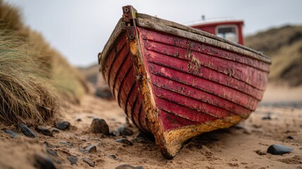 Weathered red fishing boat on sandy beach with wooden details