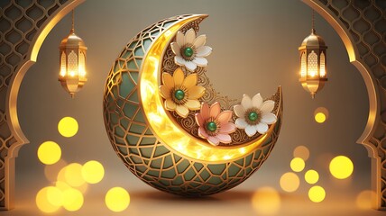 A glowing crescent moon adorned with jewels and flowers in a warm golden light setting with lanterns