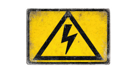 A yellow warning sign with a high voltage lightning bolt symbol is isolated on a black background to caution against the dangerous hazard of electric shock and power risk