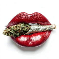 Close up of red lips holding a cannabis joint isolated on white background