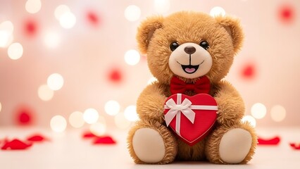 Fototapeta premium Teddy bear holding heart gift box with bow on valentine's day background with lights