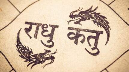 Ancient sanskrit inscription of rahu and ketu with dragon figures. Hindu astrology symbols as lunar nodes. Mystical vedic mythology and spiritual concepts illustration