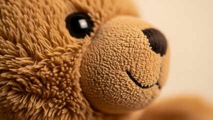 Soft plush teddy bear with sweet smile and shiny eyes close up