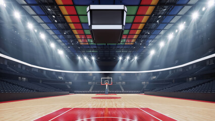 Indoor red basketball court with spotlight ceiling panels, ready for game action and professional events