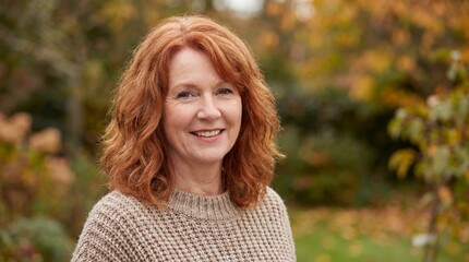 Smiling middleaged woman with red hair and a beige sweater standing in a natural outdoor setting with trees and foliage
