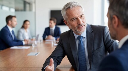 Businessman in a suit extending his hand for a handshake in a meeting room with colleagues in the background