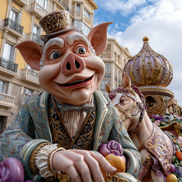 Ninot de cerdo elegante en carroza de las Fallas de Valencia durante desfile festivo en ciudad hist&oacute;rica