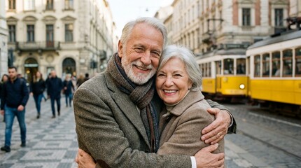 Happy senior couple embracing on city street with yellow tram in background