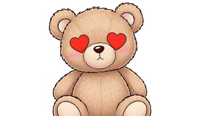 Obraz premium Cute teddy bear with heart eyes sitting alone on white background looking adorable and sweet with soft pink blush on cheeks