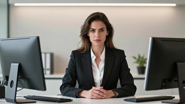 woman sitting desk front two computer monitors wearing white shirt black blazer desk white desk